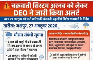 चक्रवाती सिस्टम ‘अरनब‘ को लेकर जिला शिक्षा अधिकारी ने जारी किया अलर्ट, 28 व 29 अक्टूबर को भारी बारिश की चेतावनी, स्कूलों में विशेष सावधानी बरतने के निर्देश